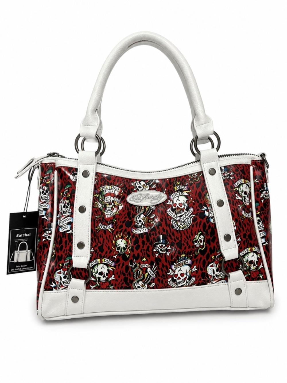 NWT Ed Hardy Red Leopard Tattoo Skull Rhinestone Satchel Y2K Crossbody Bag
